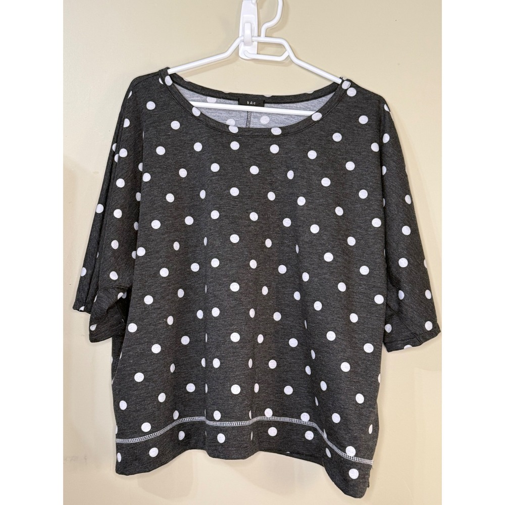 K & C Y2K Polka Dot Boxy Knit Top Charcoal Grey White Short Sleeve Top XL